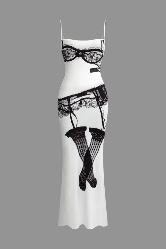 Lace Lingerie Print Slip Midi Dress sold by Micas