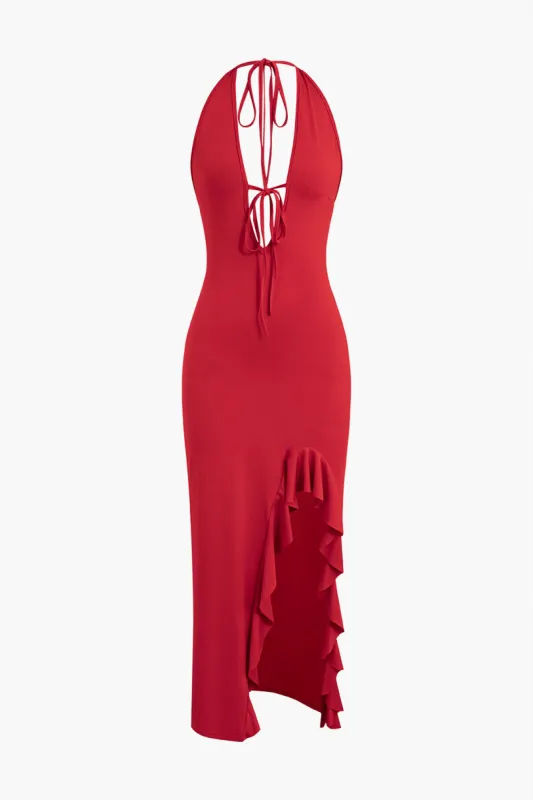 Halter V Neck Backless Ruffle Trim Midi Dress sold by Micas