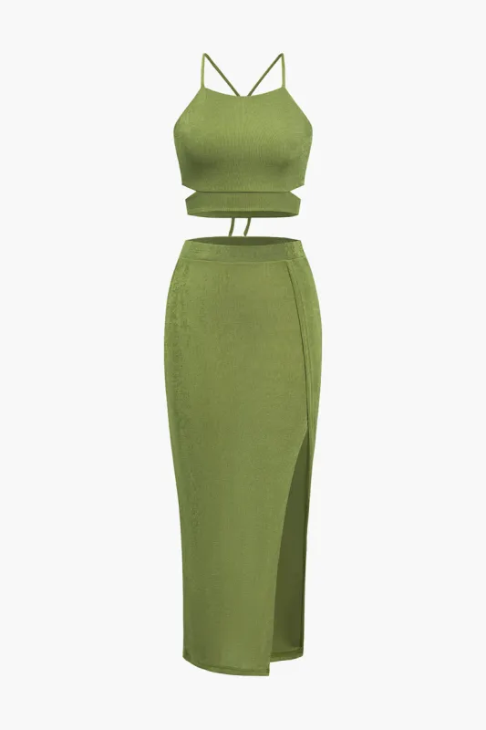 Solid Cross Crop Top og Slit nederdel sæt sold by Micas