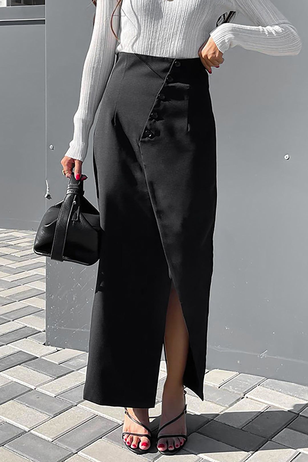 High Waisted Asymmetric Slit Midi Skirt sold by Micas