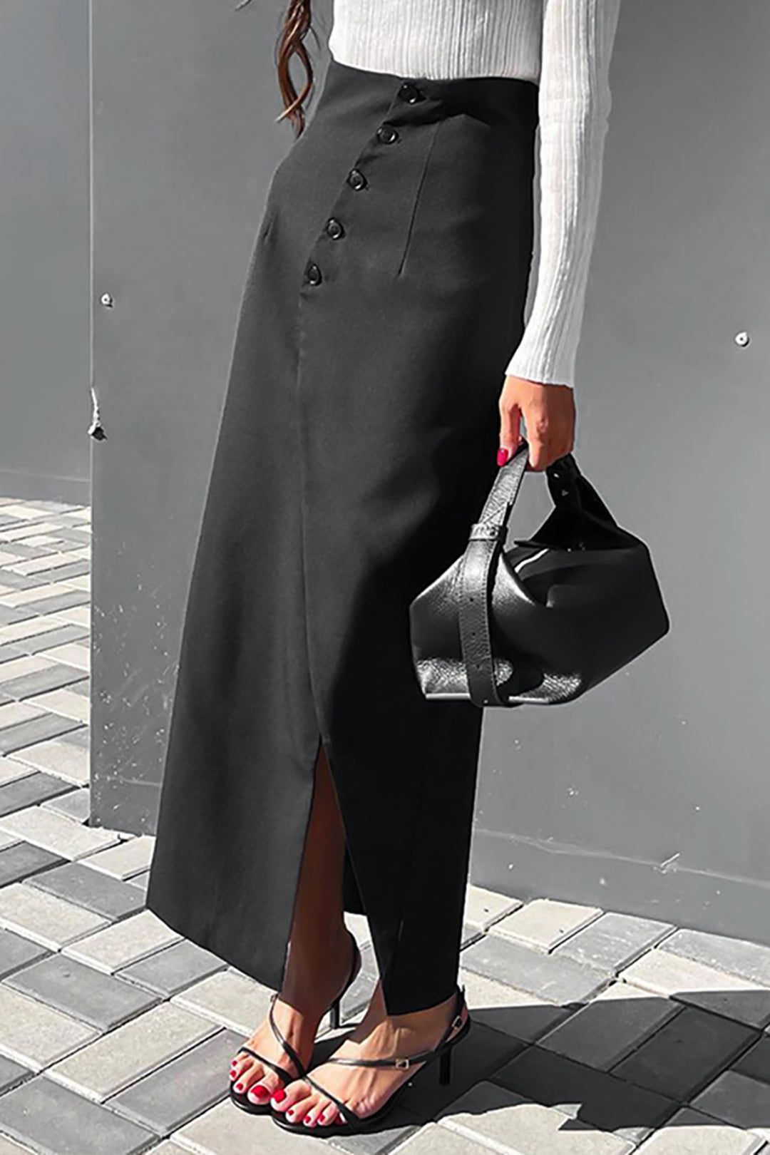 High Waisted Asymmetric Slit Midi Skirt sold by Micas product image thumbnail 3
