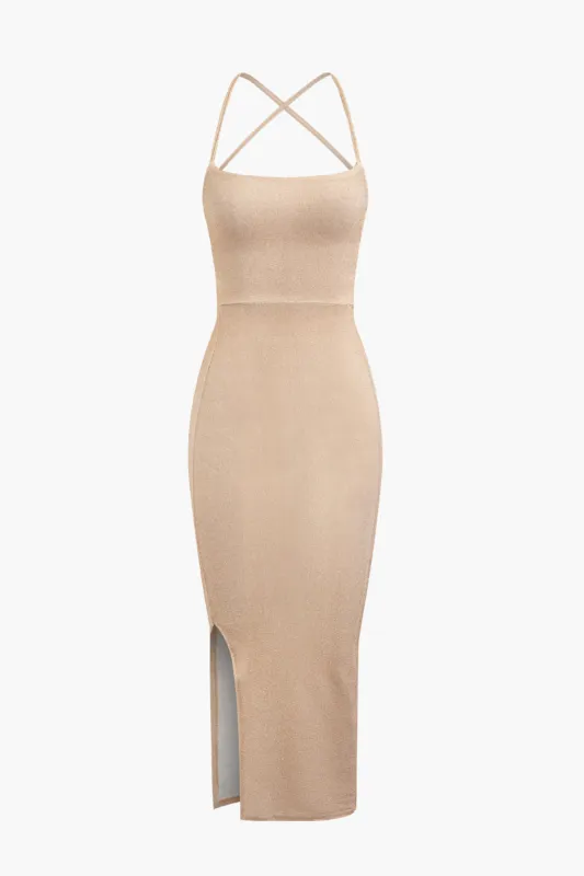 Crossed Glitter Tie Back Slit Midi Dress sold by Micas