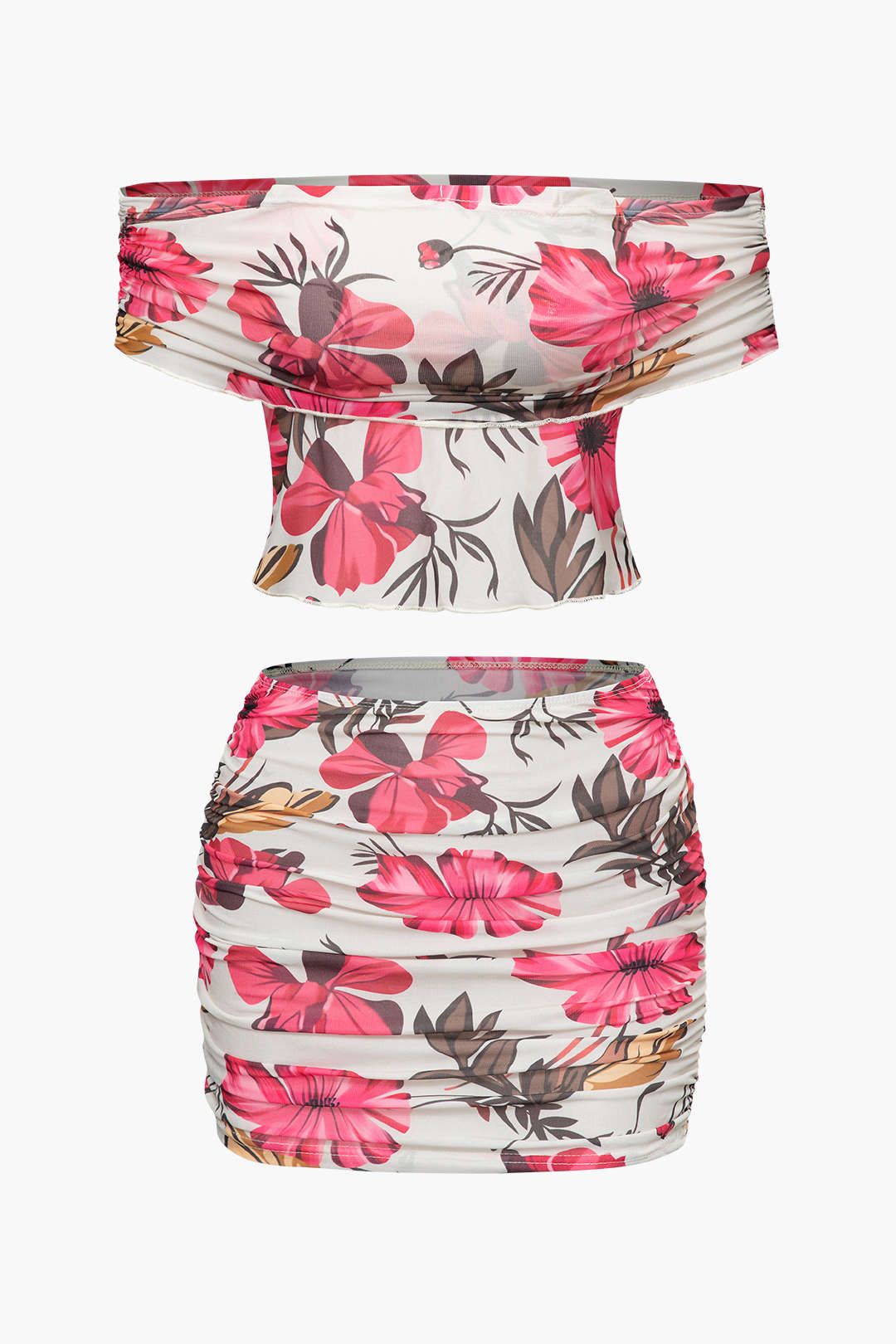 Floral Print Off-Shoulder Top And Ruched Mini Skirt Set sold by Micas