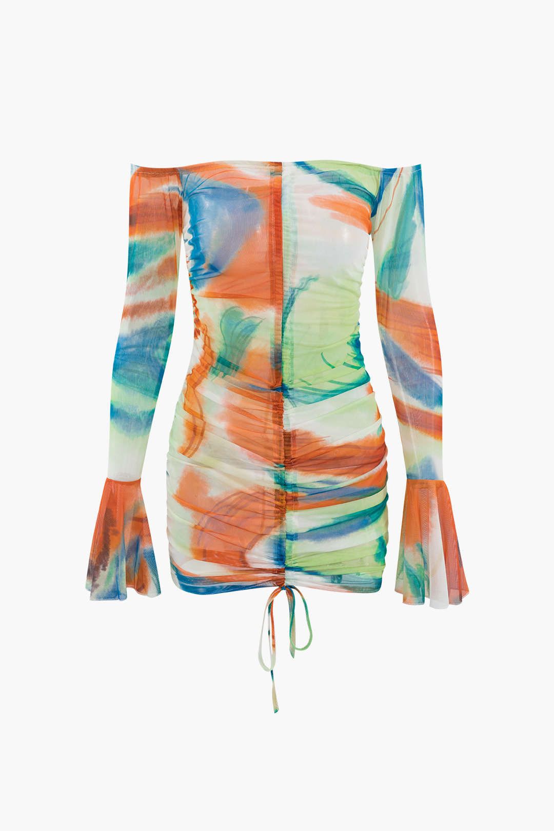 Abstract Print Off Shoulder Mesh Mini Dress sold by Micas