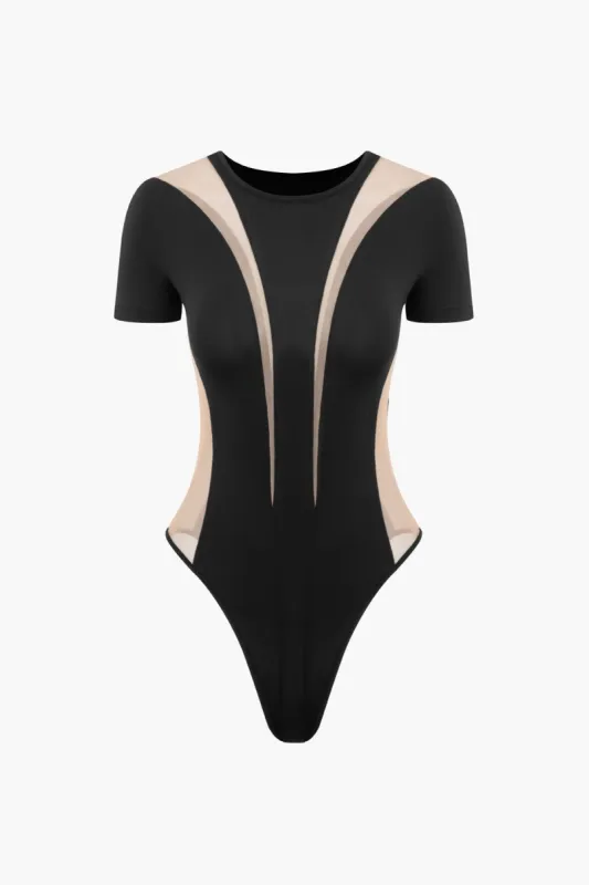 Mesh Patchwork Short Sleeve Contrast Bodysuit sold by Micas