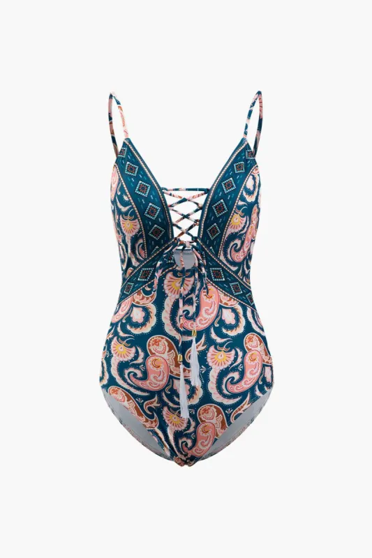Paisley Print Tie Front One-piece Swimsuit sold by Micas