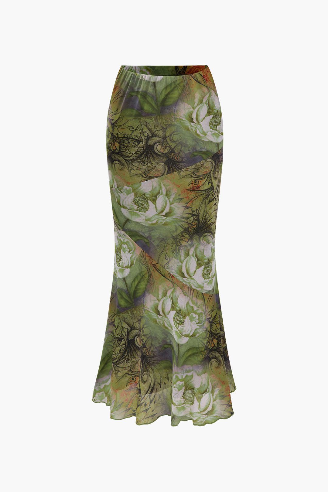 Floral Print Mesh Mermaid Maxi Skirt sold by Micas