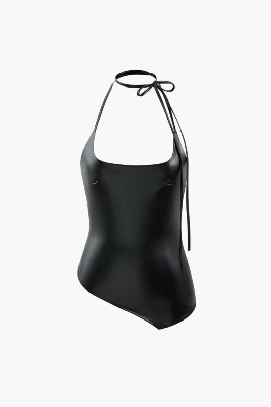 Asymmetric Faux Leather Halter Top sold by Micas