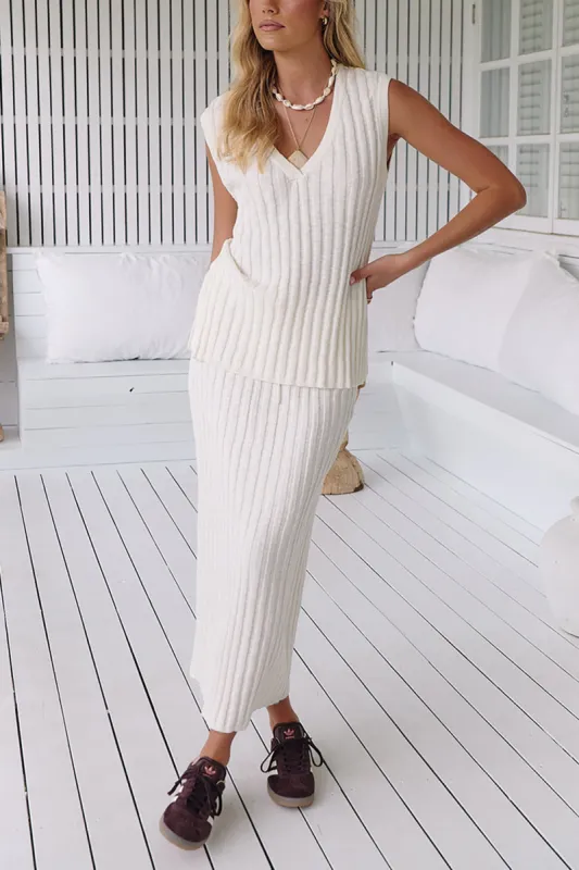 Basic Solid Knit  V-Neck Tank Top And Skirt Set sold by Micas