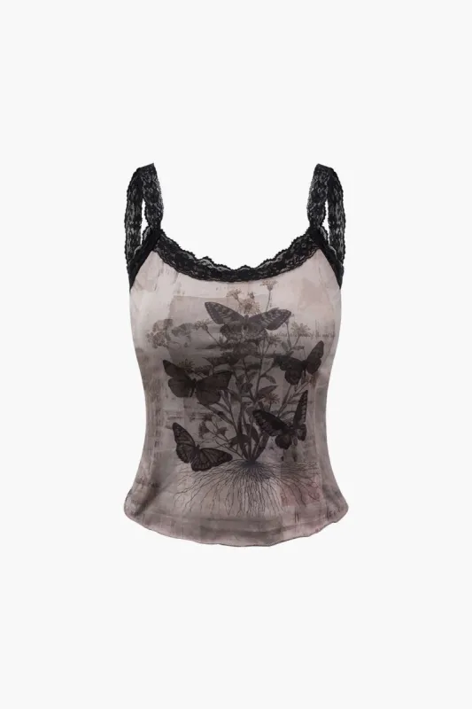 Butterfly Print Lace Strap Cami Top sold by Micas