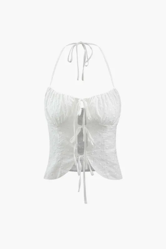 Embroidered Tie Front Halter Cami Top sold by Micas