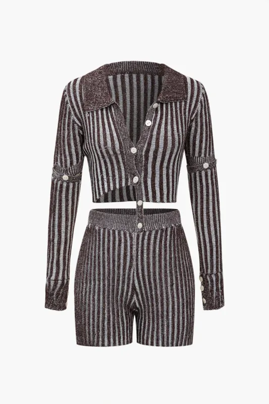 Stripe Knit Button Up Top And Shorts Set sold by Micas