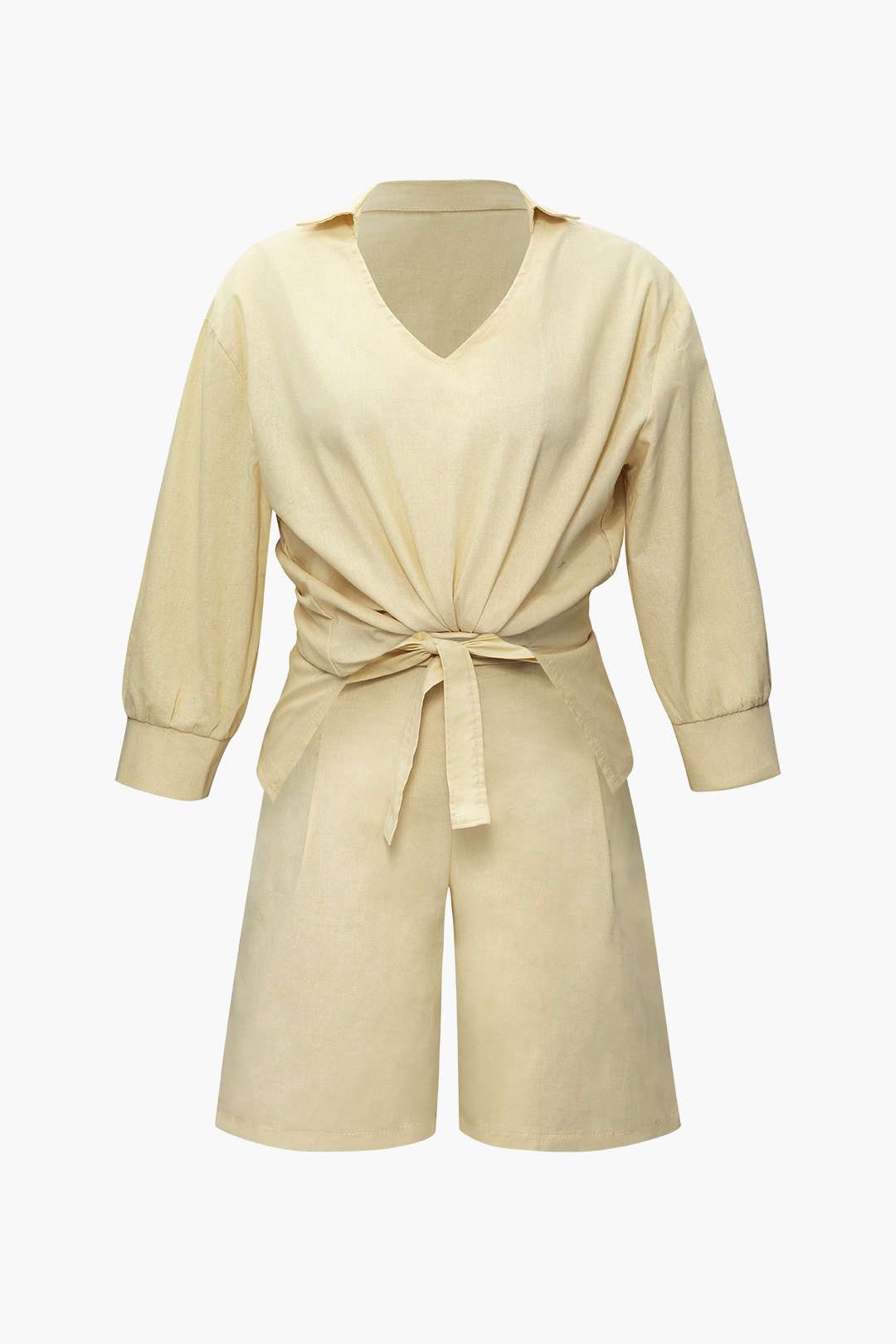 Linen-Blend V-neck Blouse And Belted Shorts Set sold by Micas