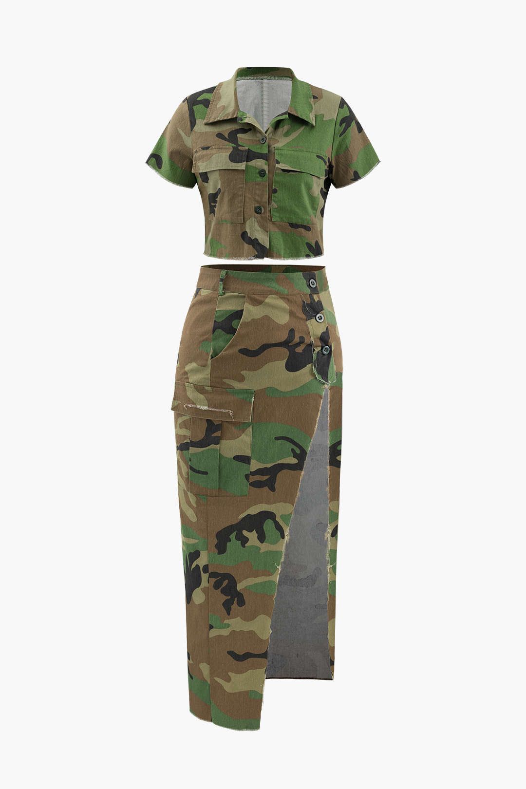Camo Frayed Hem Crop Shirt And Asymmetric Midi Skirt Set sold by Micas