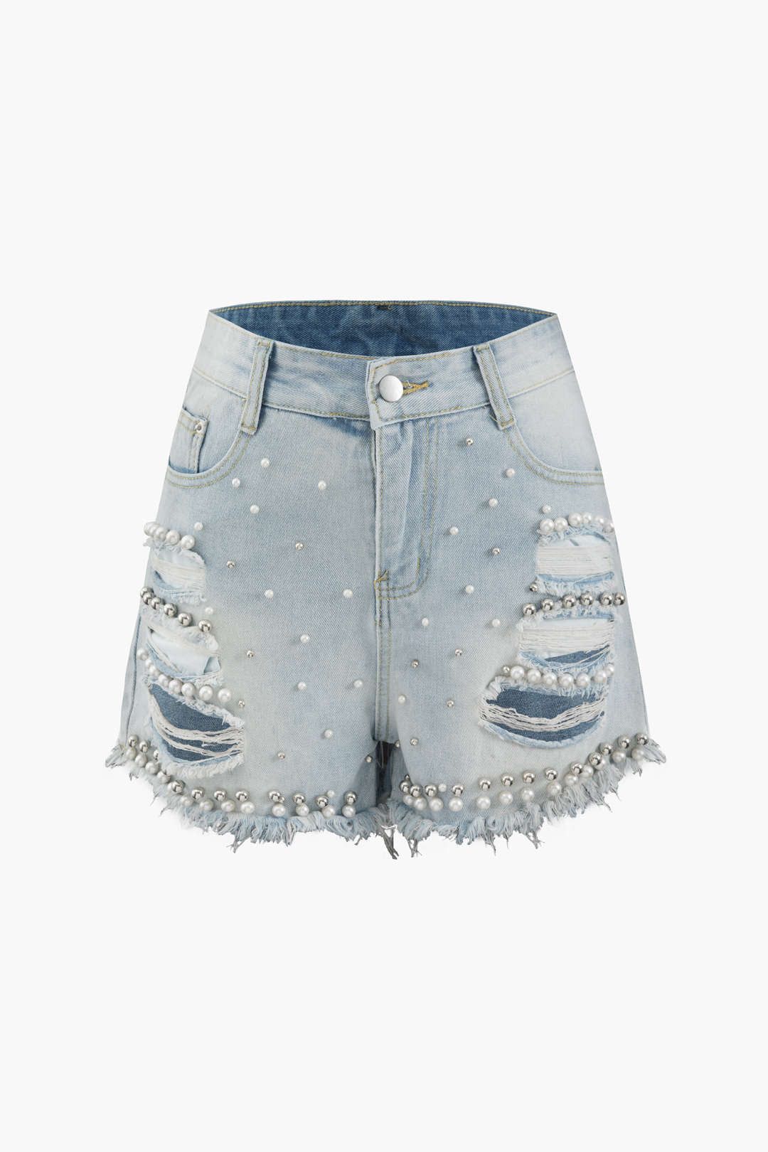 Pearl Embellished Frayed Distressed Denim Shorts sold by Micas