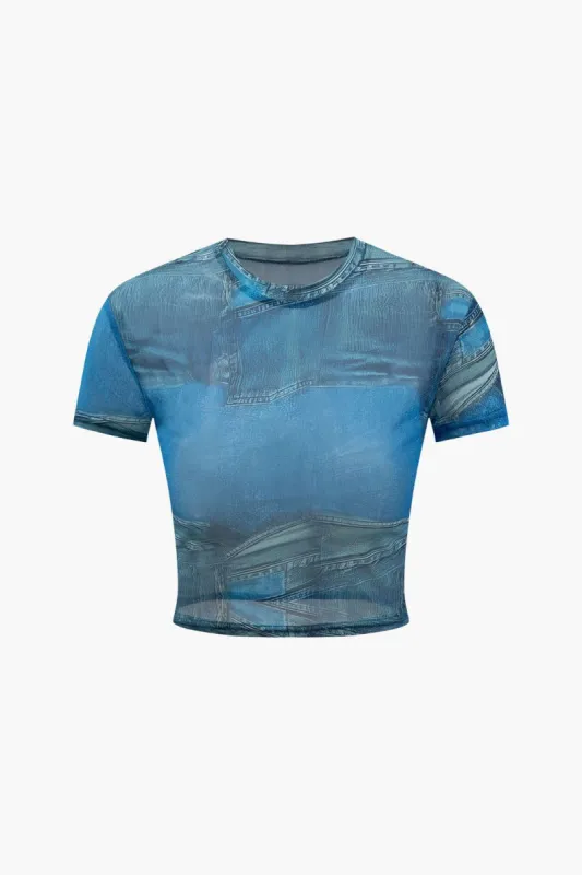 Denim Print Sheer Mesh T-Shirt sold by Micas
