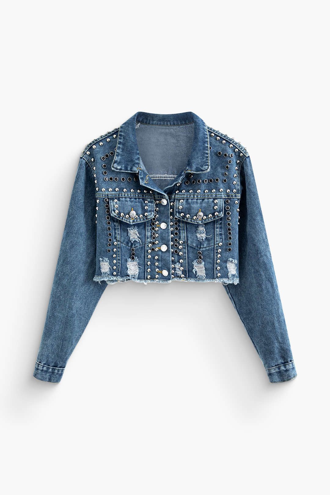 Frayed Studded Decor Denim Jacket sold by Micas