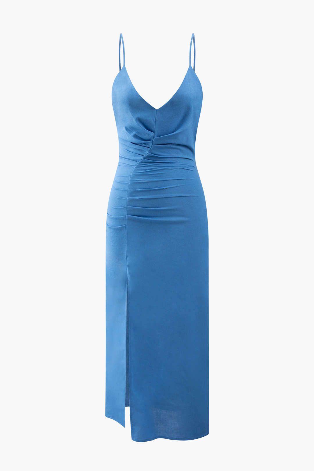 V-neck Linen Pleated Slit Midi Dress sold by Micas