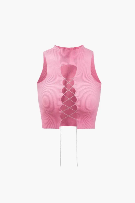 Cut Out Rhinestone Tie Tank Top sold by Micas