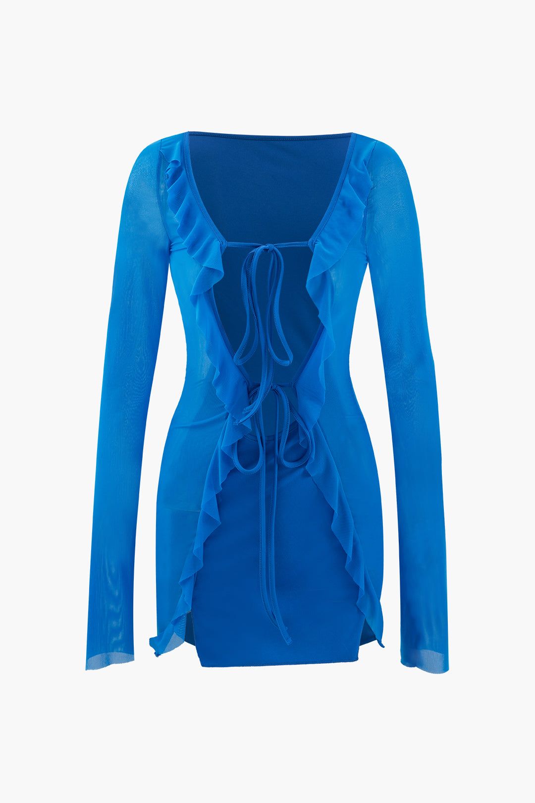Ruffle Tie Front Mesh Sleeve Mini Dress sold by Micas