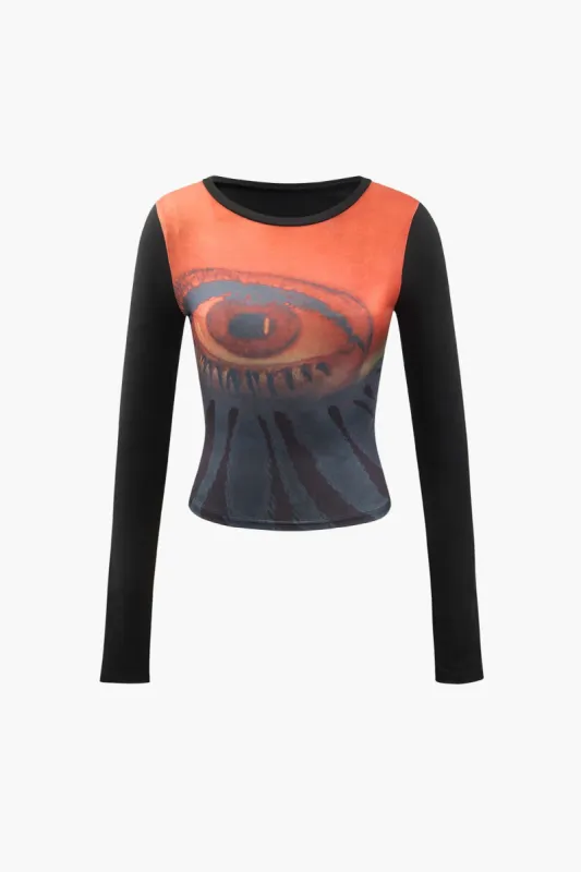 Eye Print Long Sleeve Crop Top sold by Micas