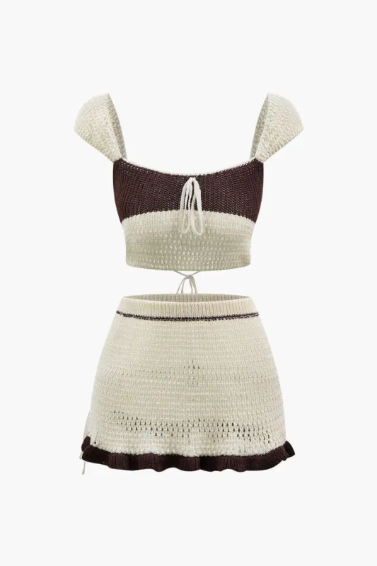 Color Block Tie Back Knit Crop Top And Mini Skirt Set sold by Micas