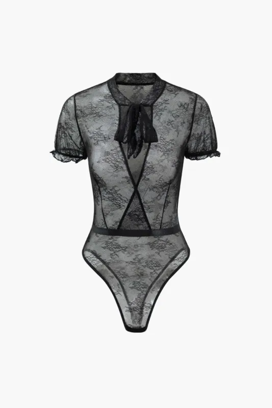 Sheer Lace Puff Sleeve Bodysuit sold by Micas