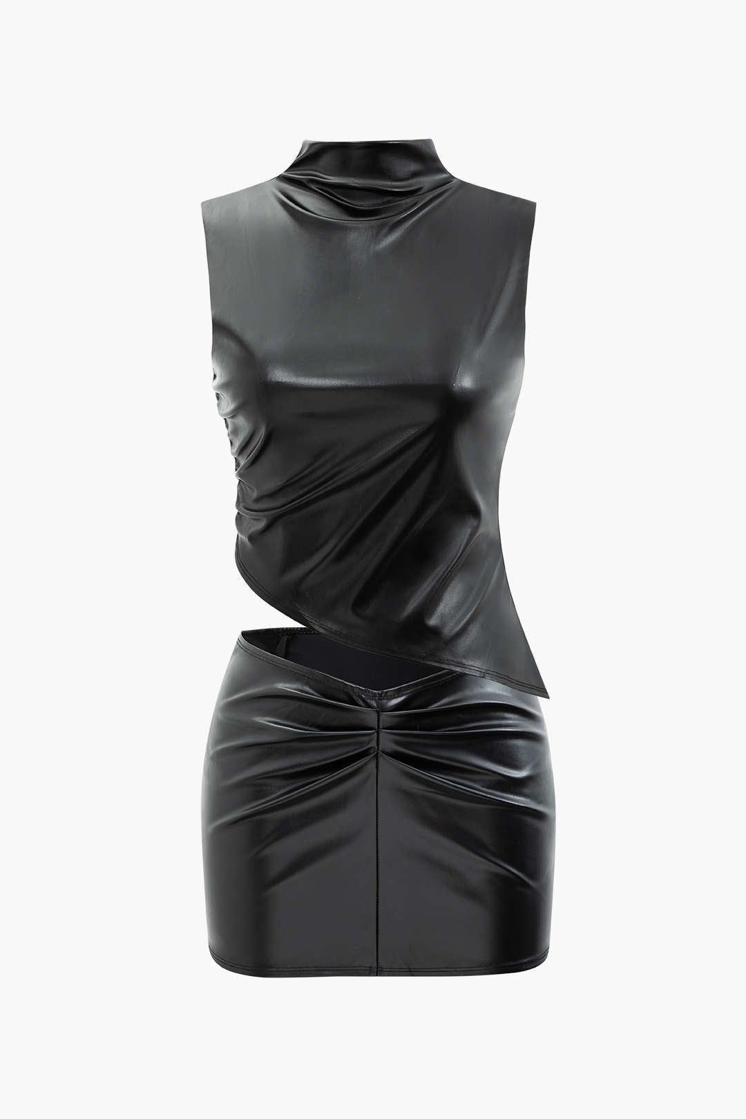 Faux Leather Asymmetric Sleeveless Top And Ruched Mini Skirt Set sold by Micas