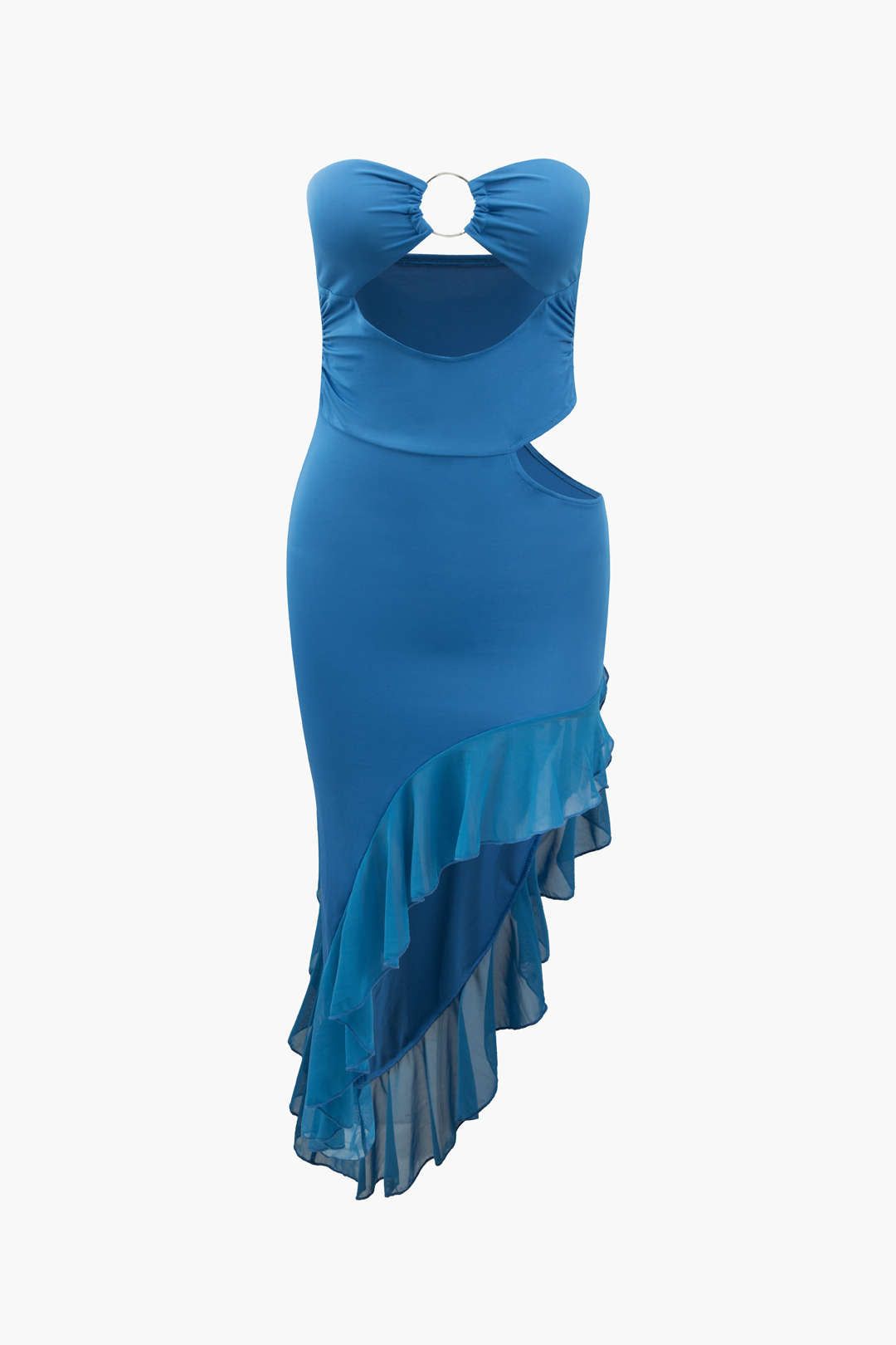 Asymmetric Cut Out Ruffle Strapless Midi Dress sold by Micas