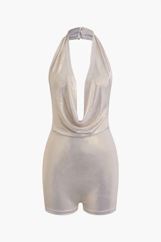 Glitter Halter Cowl Neck Backless Romper sold by Micas