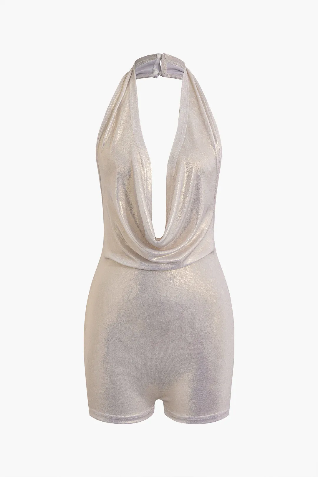 Glitter Halter Cowl Neck Backless Romper sold by Micas