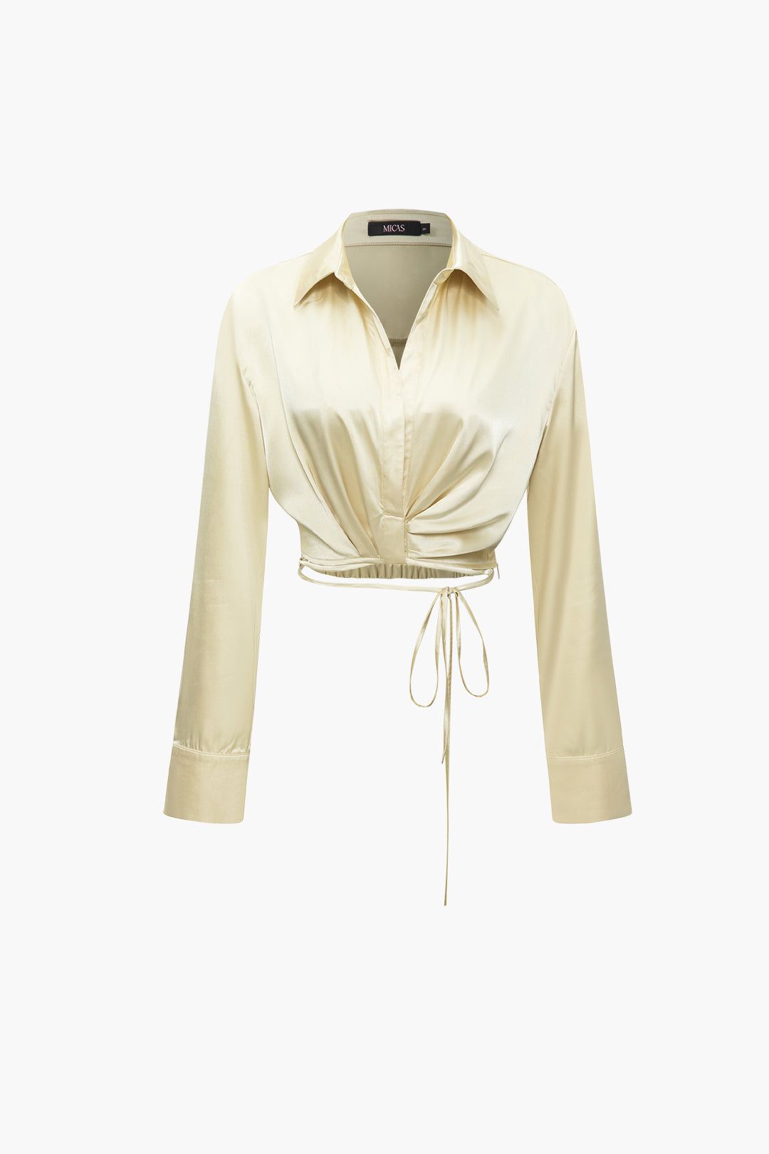 Satin Ruched Tie Waist Long Sleeve Blouse sold by Micas