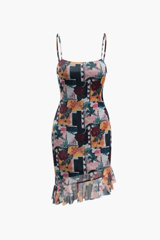 Floral Print Asymmetric Ruffle Hem Mini Dress sold by Micas