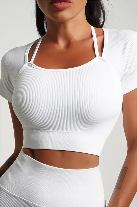 Basic Solid Ribbed Adjustable Sports Short-Sleeve Top sold by Micas