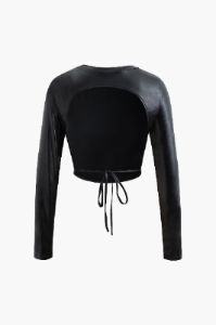 Faux Leather Tie Back Cut Out Long Sleeve Crop Top sold by Micas