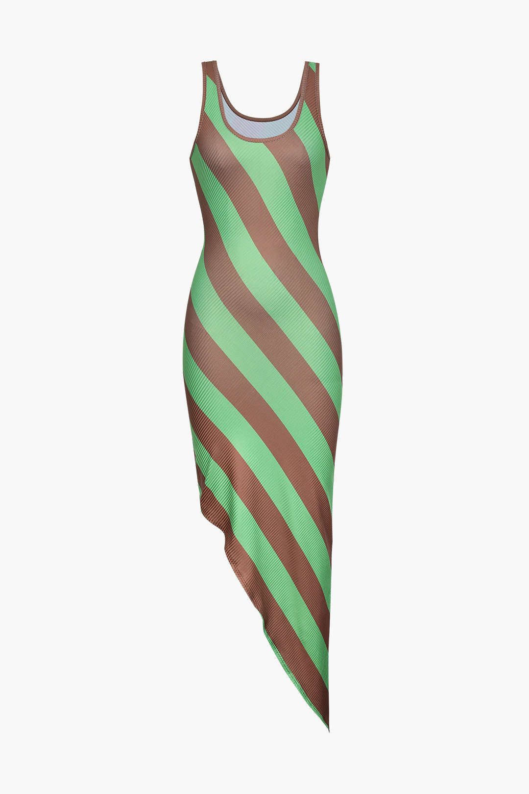 Green Stripe Print Unsymmetrical Hem Midi Dress sold by Micas