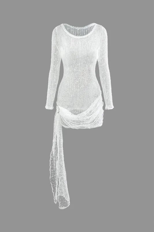 Solid Crystal Ring Sheer Round Neck Mini Dress sold by Micas