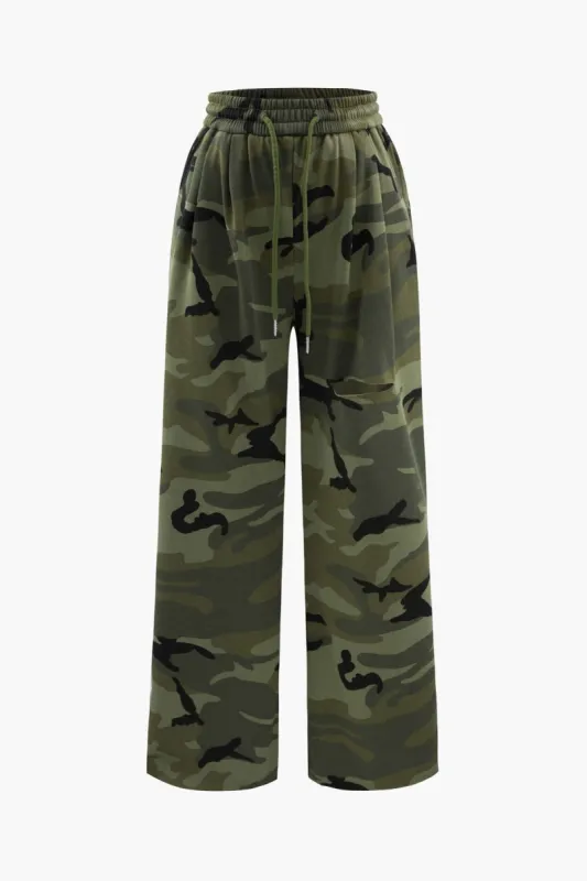 Camo Drawstring Ripped Pants made by Micas