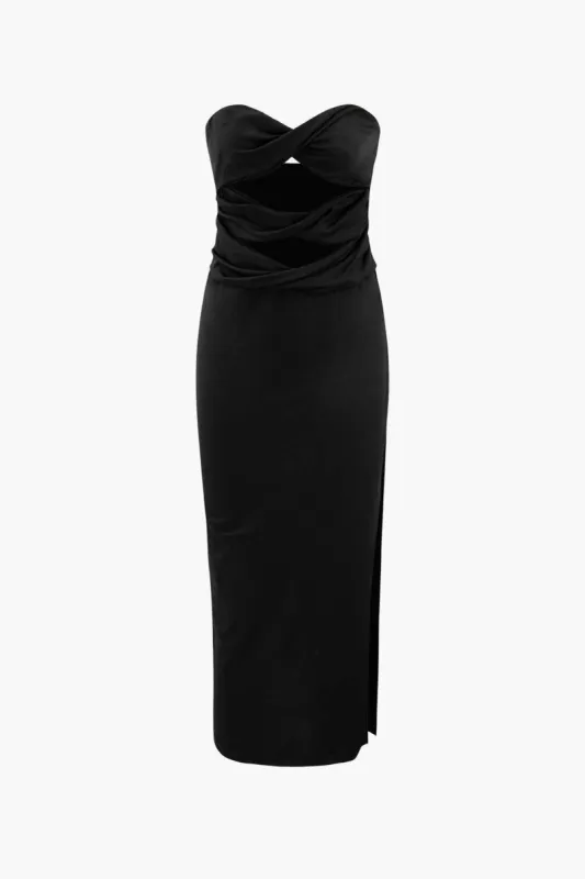 Twist Front Cut-Out Strapless Maxi Dress sold by Micas