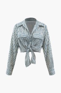 Linen-Blend Stripe Knot Hem Blouse sold by Micas