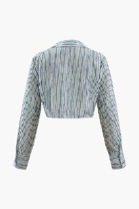 Linen-Blend Stripe Knot Hem Blouse sold by Micas