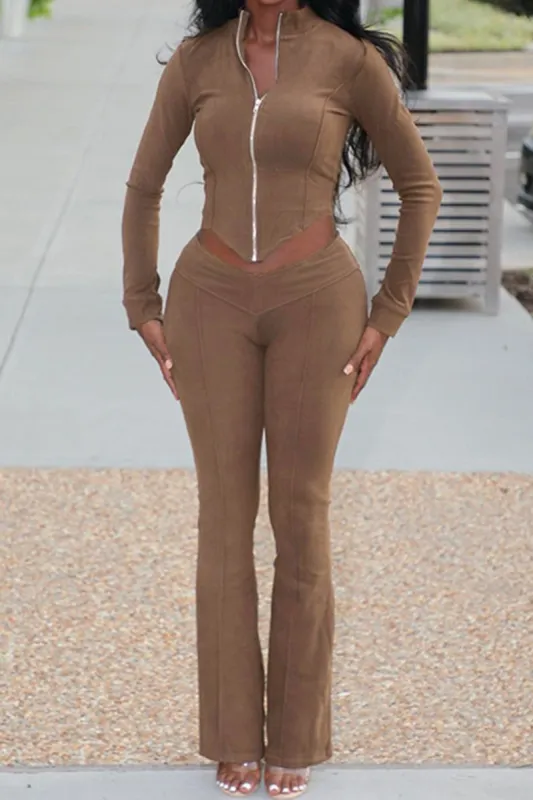 Seam-Detail Zipper Long Sleeve Top And V-Waist Flare Leg Pants Set sold by Micas