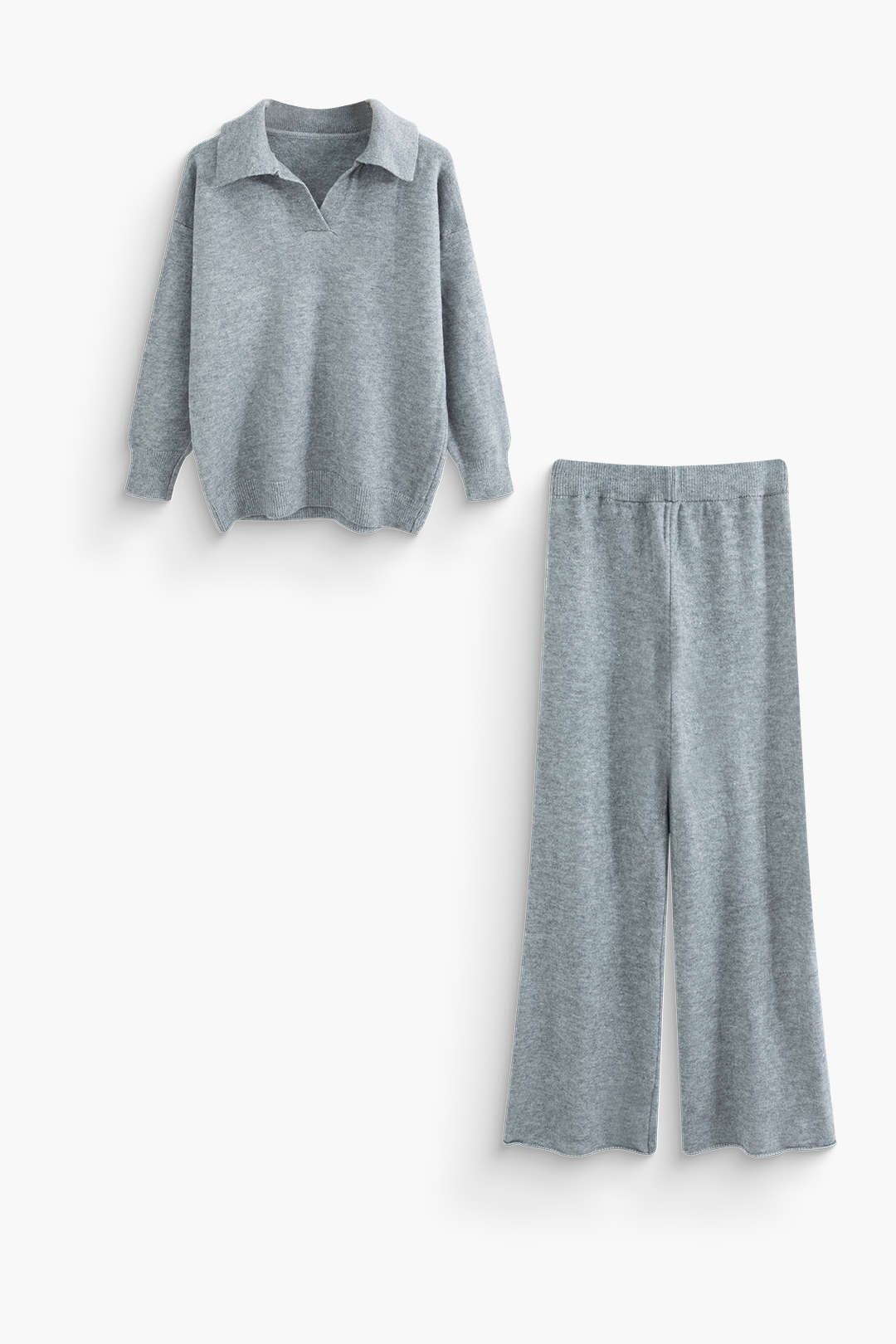 Solid Knit Polo Top And Wide Leg Pants Set sold by Micas