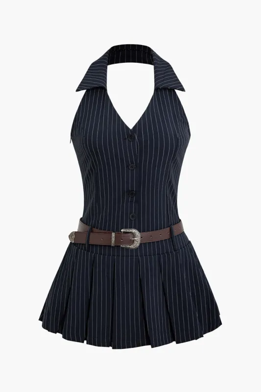 Stripe print plisseret minikjole med bælte sold by Micas