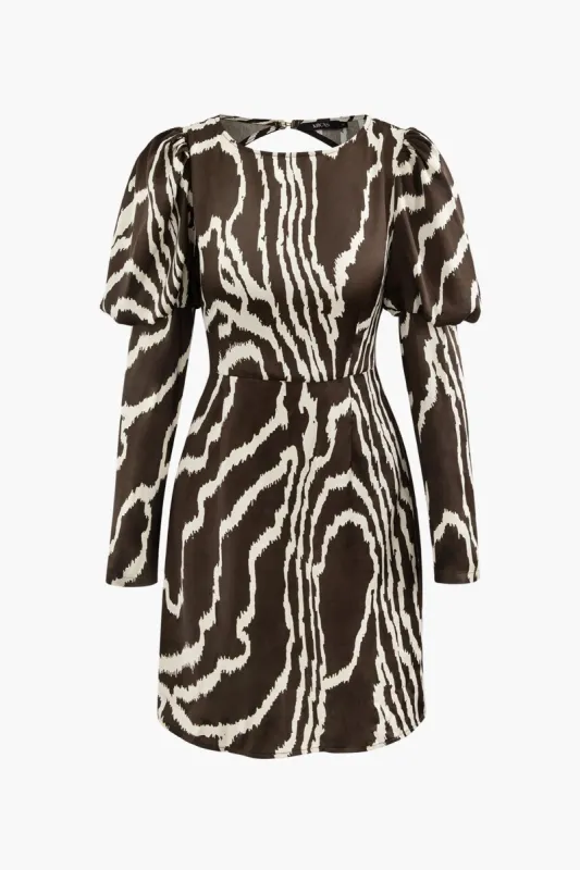 Printed Round Neck Back Cut Out Puff Sleeve Mini Dress sold by Micas