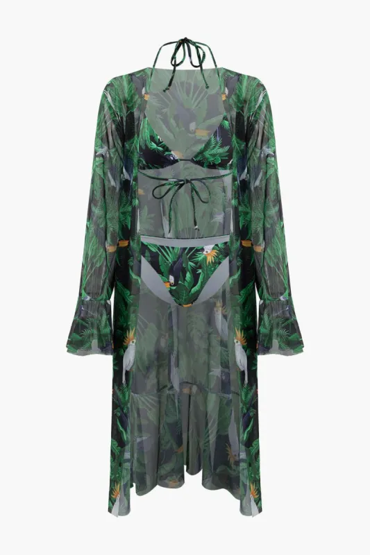 Tropical Print Halter Tie Bikini Swimsuit Set And Cover-up sold by Micas