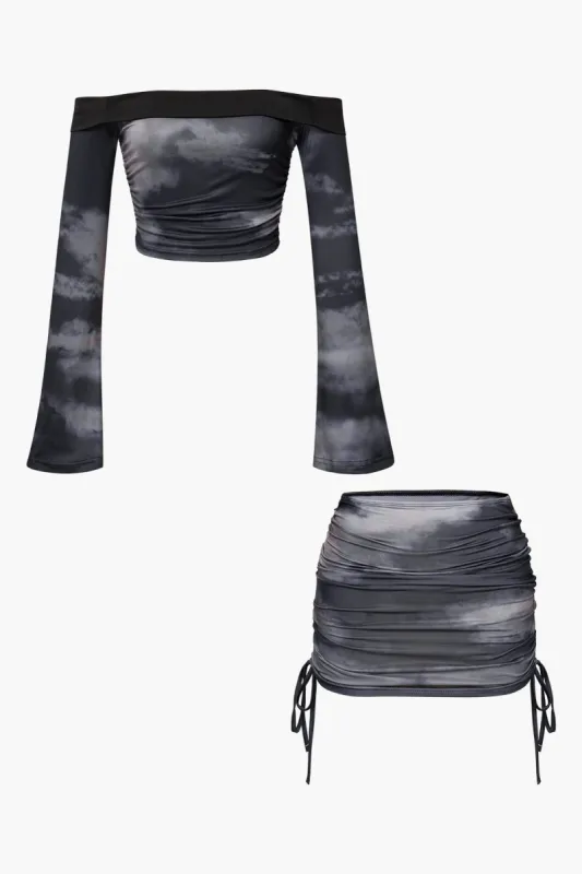 Tie Dye Ruched Off Shoulder Long Sleeve Top And Drawstring Mini Skirt Set sold by Micas