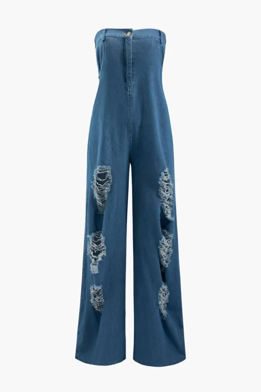 Destroyed Denim Strapless Jumpsuit sold by Micas