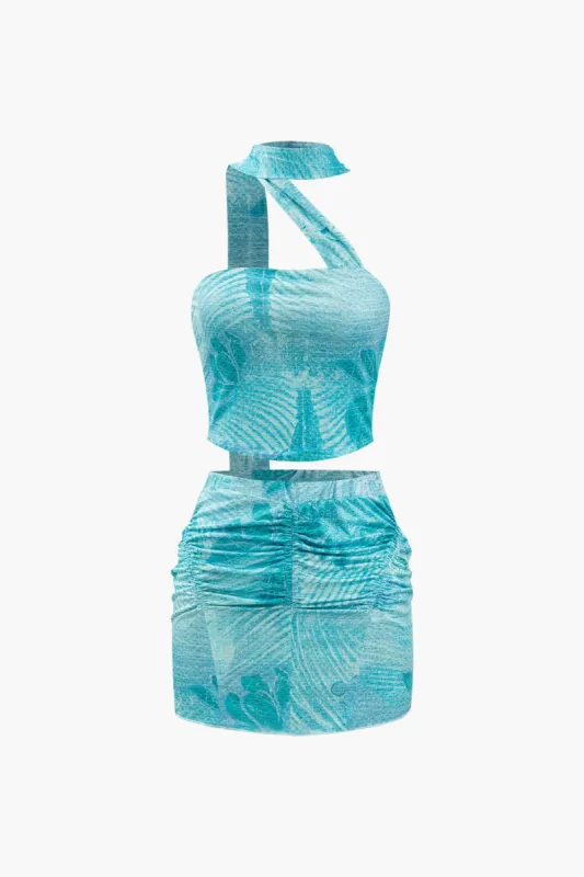 Printed Tube Top And Gathered Mini Skirt Set sold by Micas