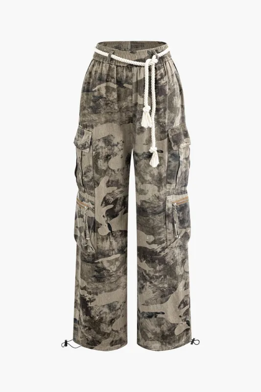 Tie Dye High Waist Multi Pocket Rope Tie Straight Leg Cargo Pants sold by Micas